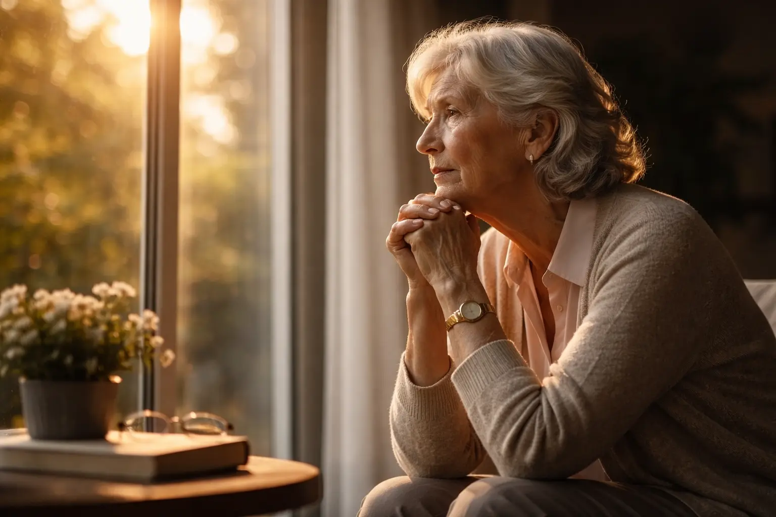 Idosa pensativa olhando pela janela ao entardecer representando a solidão na terceira idade