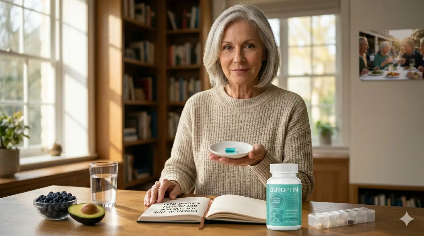A sophisticated senior woman holding a GutOptim capsule at a sunlit wooden desk in a library, surrounded by blueberries, avocado, and an open notebook titled 'Essential Tips for Gut Health & Aging Well,' symbolizing active longevity and scientific care.