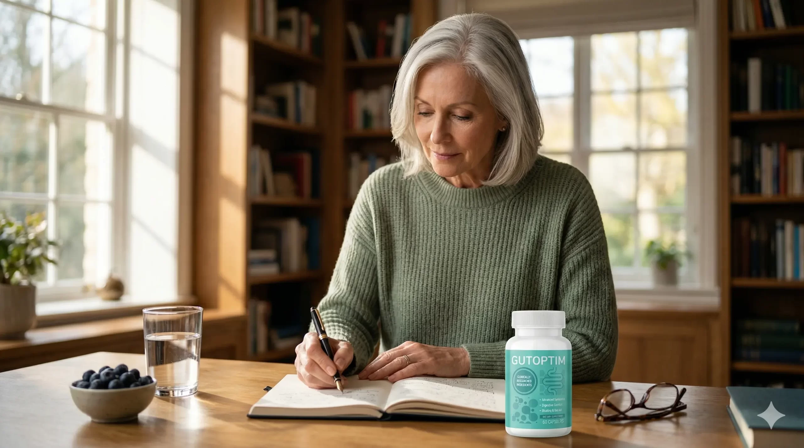 A vibrant senior woman with natural silver hair writing focusly at a sunlit desk in a library, next to a crystal glass of water, brain-healthy food, and a specific GutOptim supplement bottle, illustrating the gut-brain connection for cognitive longevity.