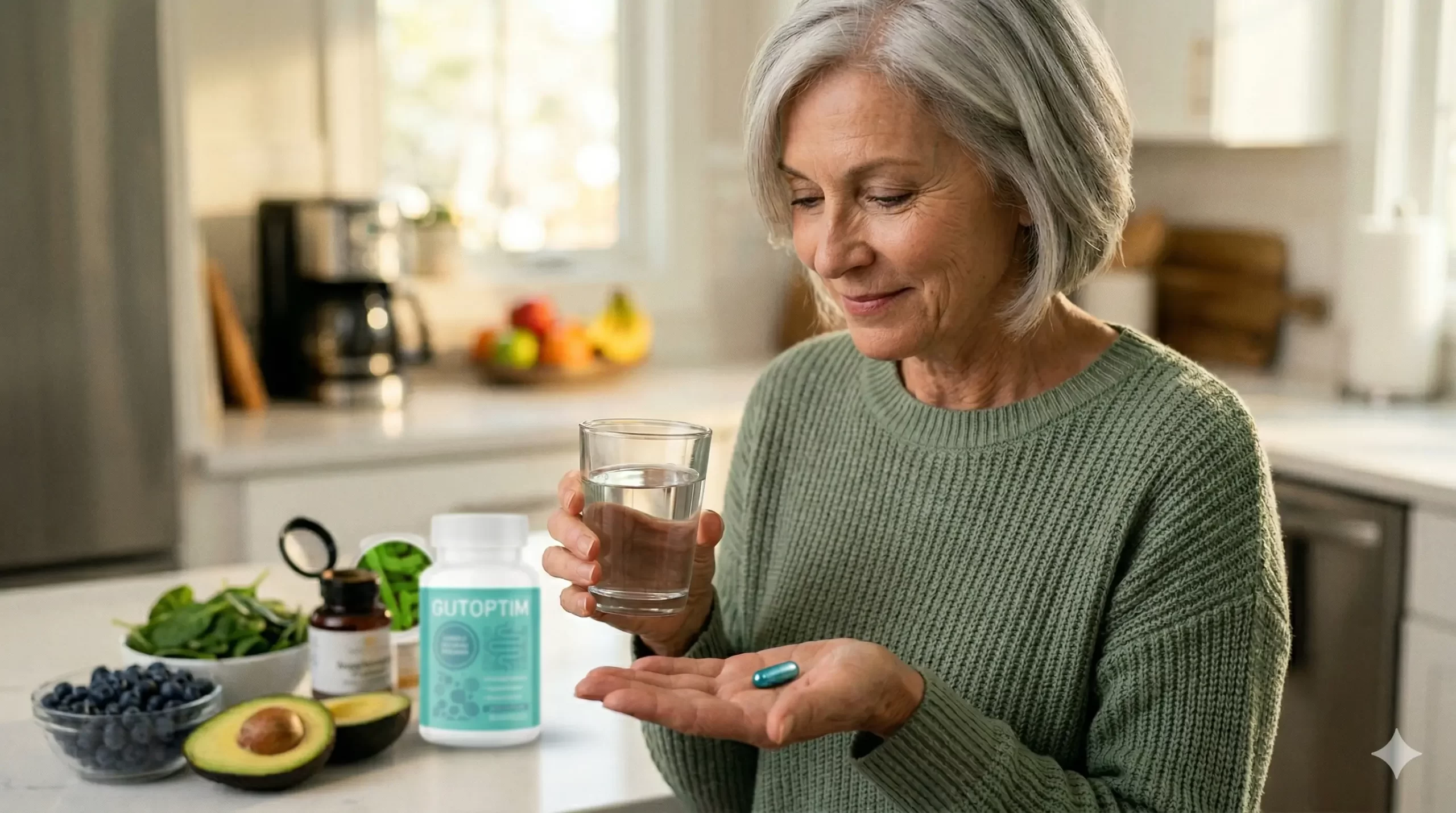 A vibrant senior woman holding a single GutOptim capsule in a bright kitchen, focusing on improving nutrient absorption and gut health for longevity.