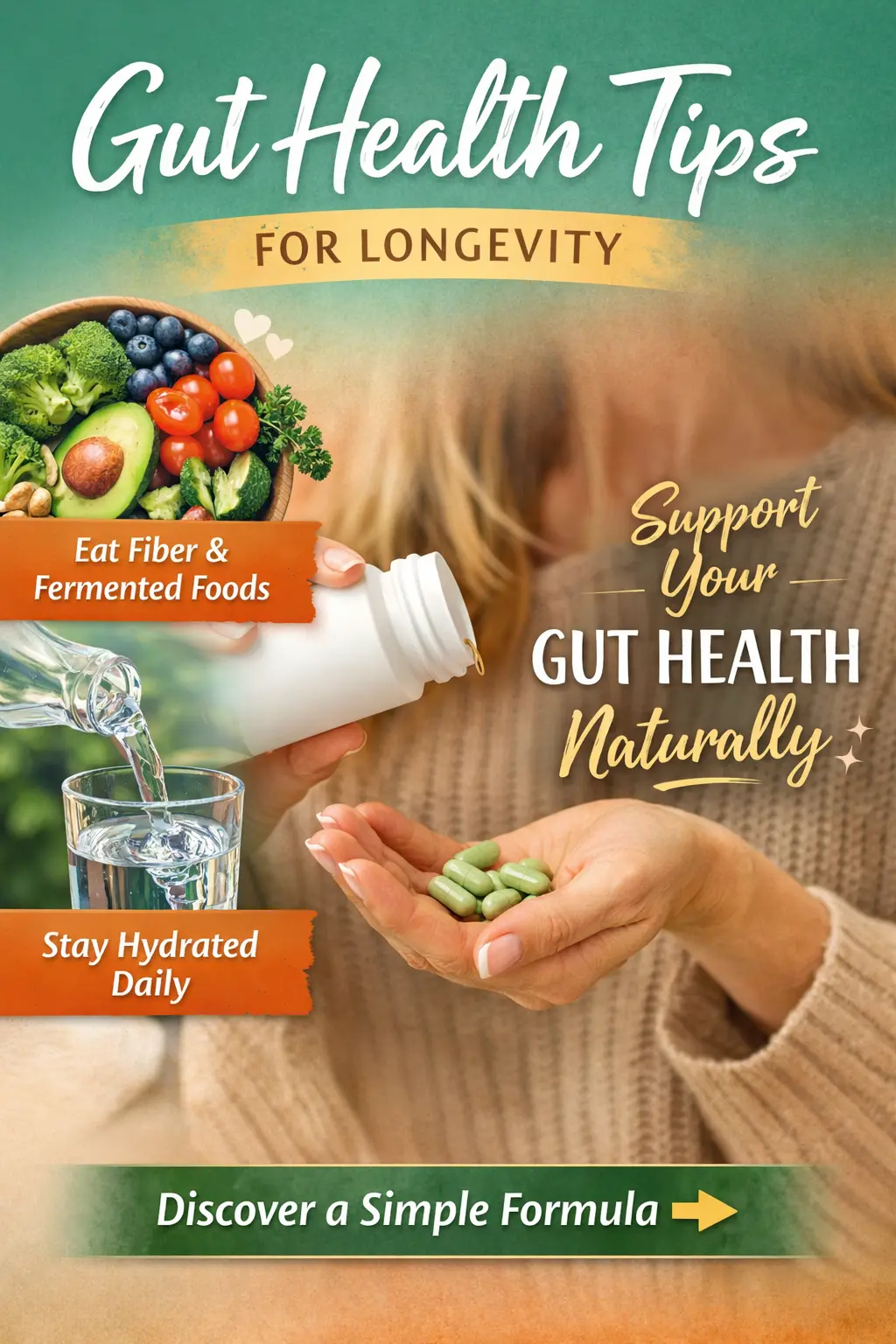Gut health tips for longevity including fiber rich foods hydration and digestive support