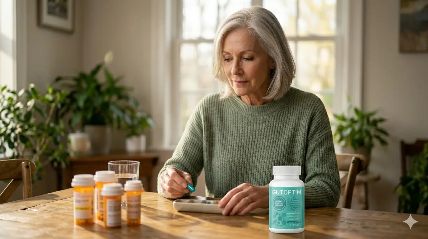 A healthy senior woman at a sunlit table integrating a GutOptim capsule into her medication routine, next to fresh blueberries and water, focusing on gut health restoration.