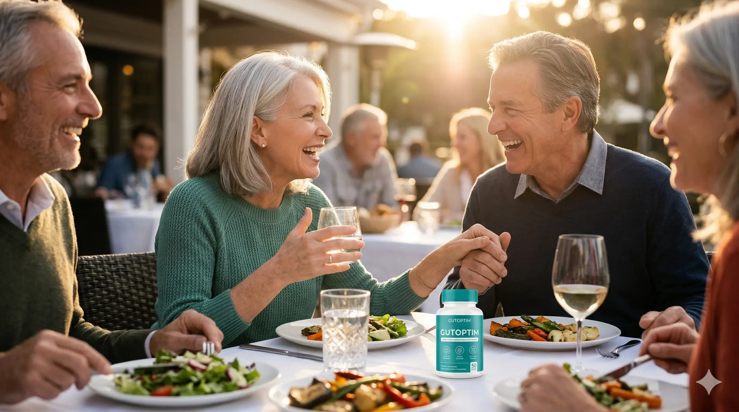 A joyful senior couple laughing and enjoying a meal at an outdoor restaurant, representing freedom from digestive discomfort with GutOptim.