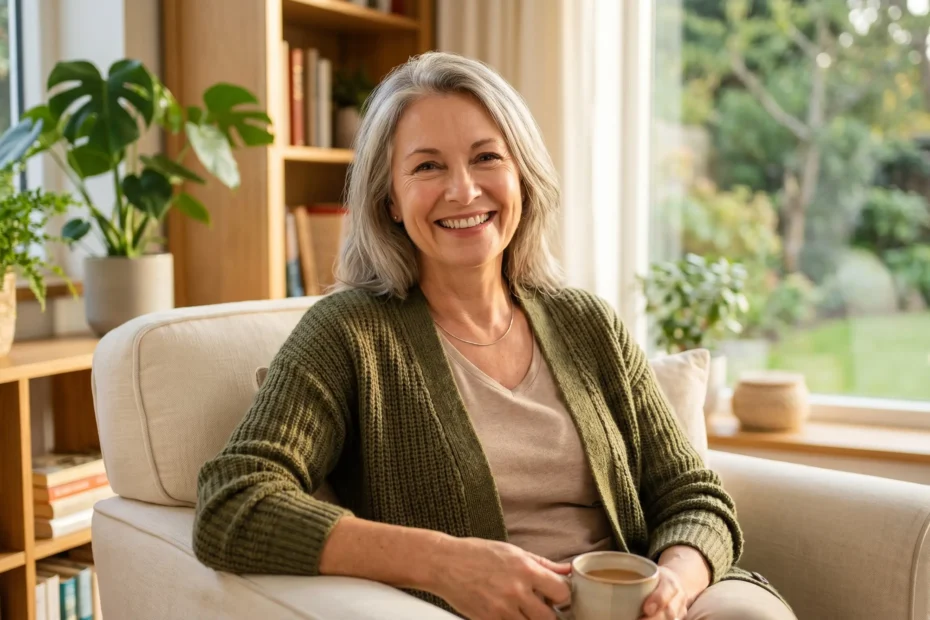 A smiling, elegant mature woman with silver hair sitting comfortably in a bright room, holding a warm cup of tea, representing emotional health and healthy aging.